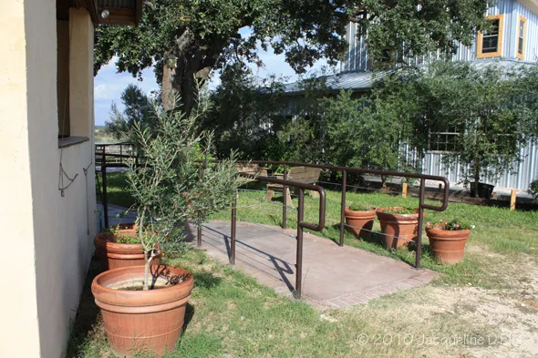 A wooden walkway with potted plants in front of a house.