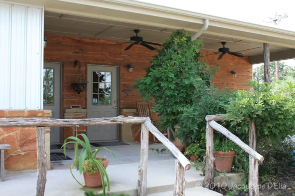 A front porch with a wooden railing and a potted plant.