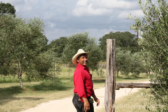 A man in a red shirt standing next to a wooden fence.