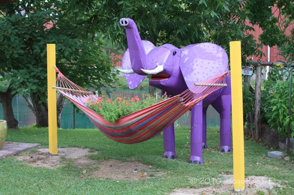 A purple elephant in a hammock.