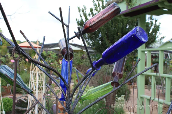 A blue bottle tree in a garden.
