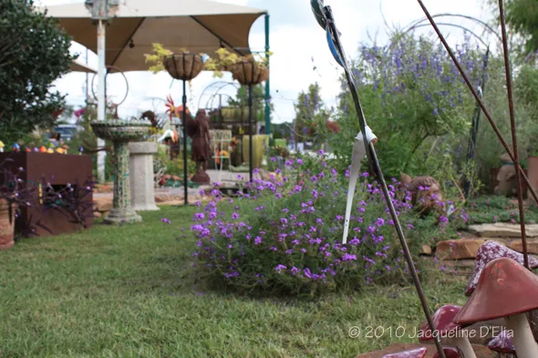 A garden filled with flowers and a birdbath.