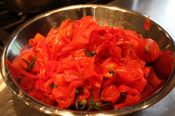 Red peppers in a bowl for canning
