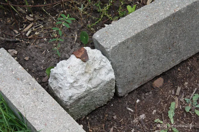 A concrete block is sitting in a garden bed.