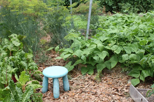 A blue stool in a garden.
