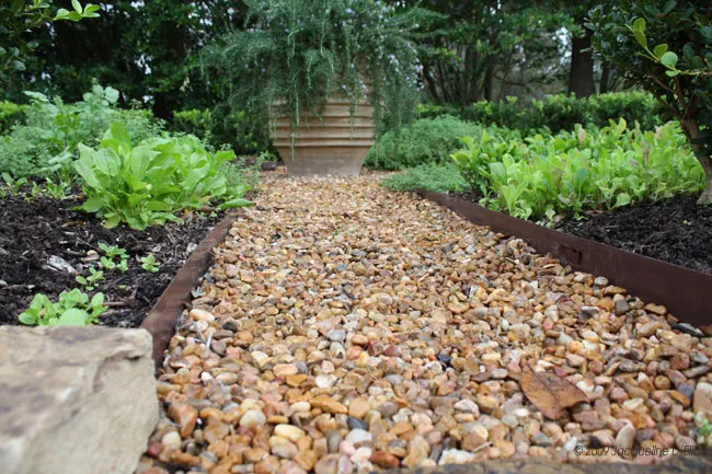 A gravel path in a kitchen garden with plants and trees.