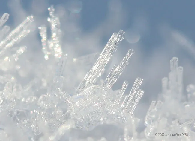 A close up of ice crystals on a blue background.