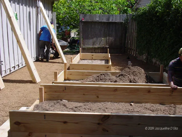 A man is working on a raised garden bed.