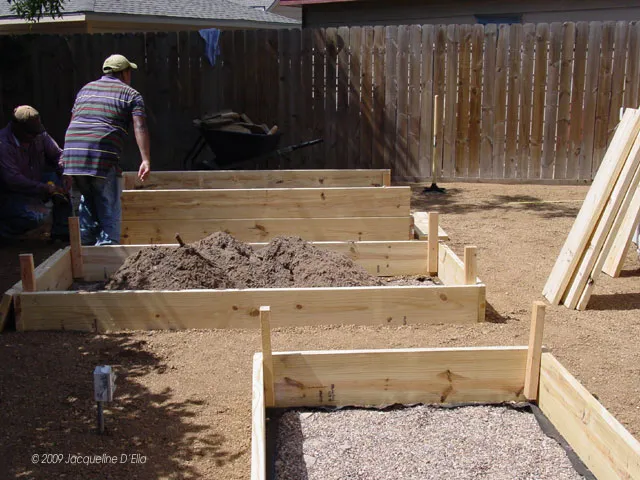 A man is working on a raised garden bed.