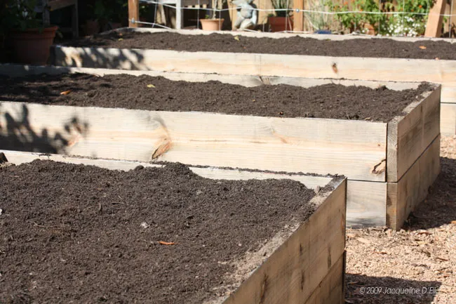 A row of wooden raised beds with dirt in them.