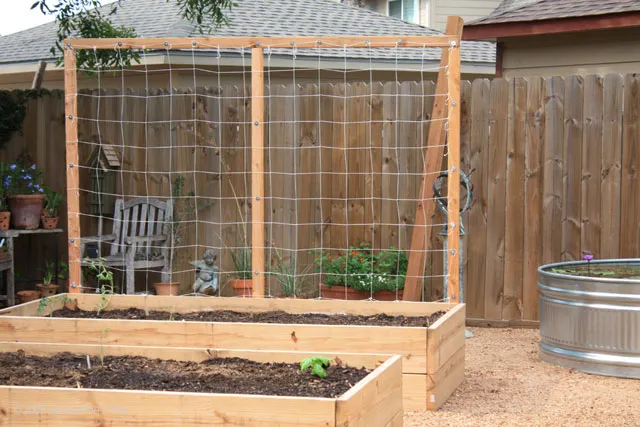 A wooden raised garden bed with a vertical trellis.